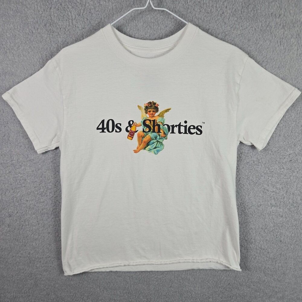 40s & Shorties Cropped T-Shirt Mens Small White Cherub Angel 40oz Streetwear Tee